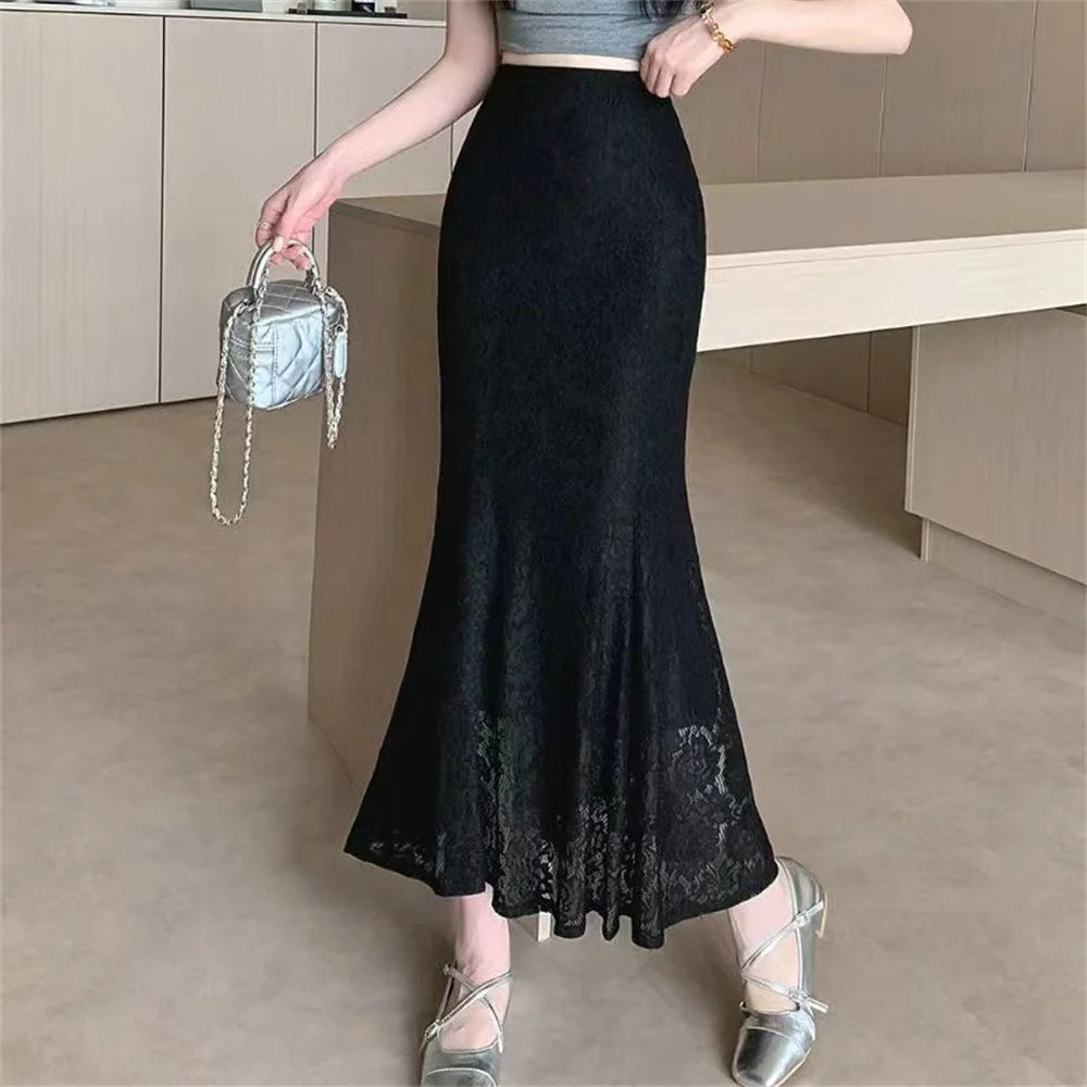 Lace Fishtail Women's Skirt 2025 Spring Summer New Female Mid-Length A-Line Pleated Package Hips Skirt Office Ladies One Step