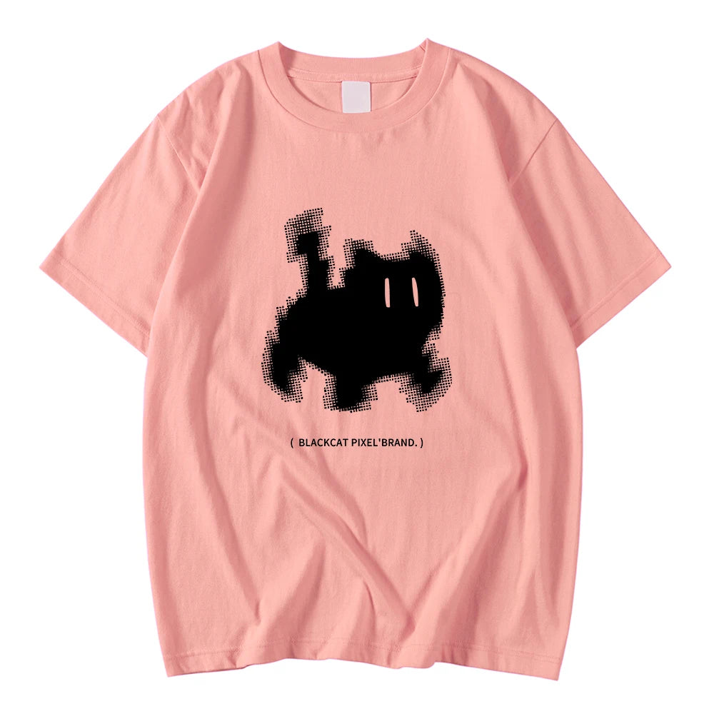 Korean Fashion Womens T-Shirts Black Cat Pixel Cartoons Printing Tops Comfortable Soft O-Neck Loose Short Sleeve Female Clothes