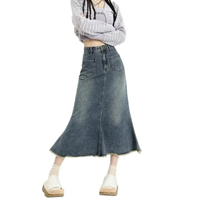 High Waisted Retro Denim Skirt For Women New Niche Design Fishtail Skirt Mid Length A-Line Denim Skirt