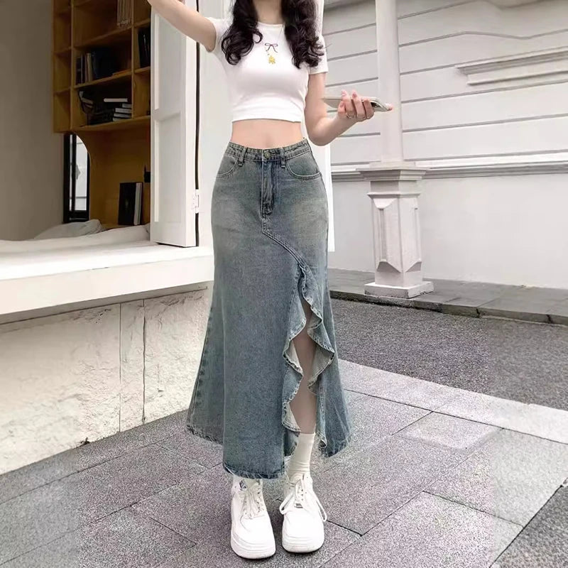 Spring And Summer Korean Retro Women Denim Skirt Fashion Design Irregular Wave Slit High Waist Fishtail Skirt Mid Length Skirt