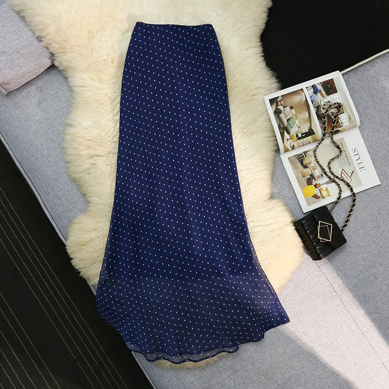 Seoulish Polka Dot Printed Fishtail Skirt Women Summer Loose Draped Slim Fit Casual Long Skirts for Women