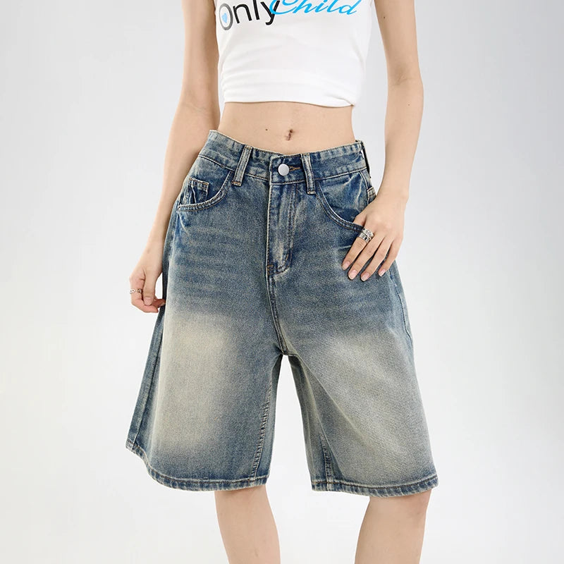2026 Korean Street Casual Y2K Loose Wide-leg Denim Shorts Five-point Baggy Jeans Women's All-match Straight Summer Hot Shorts