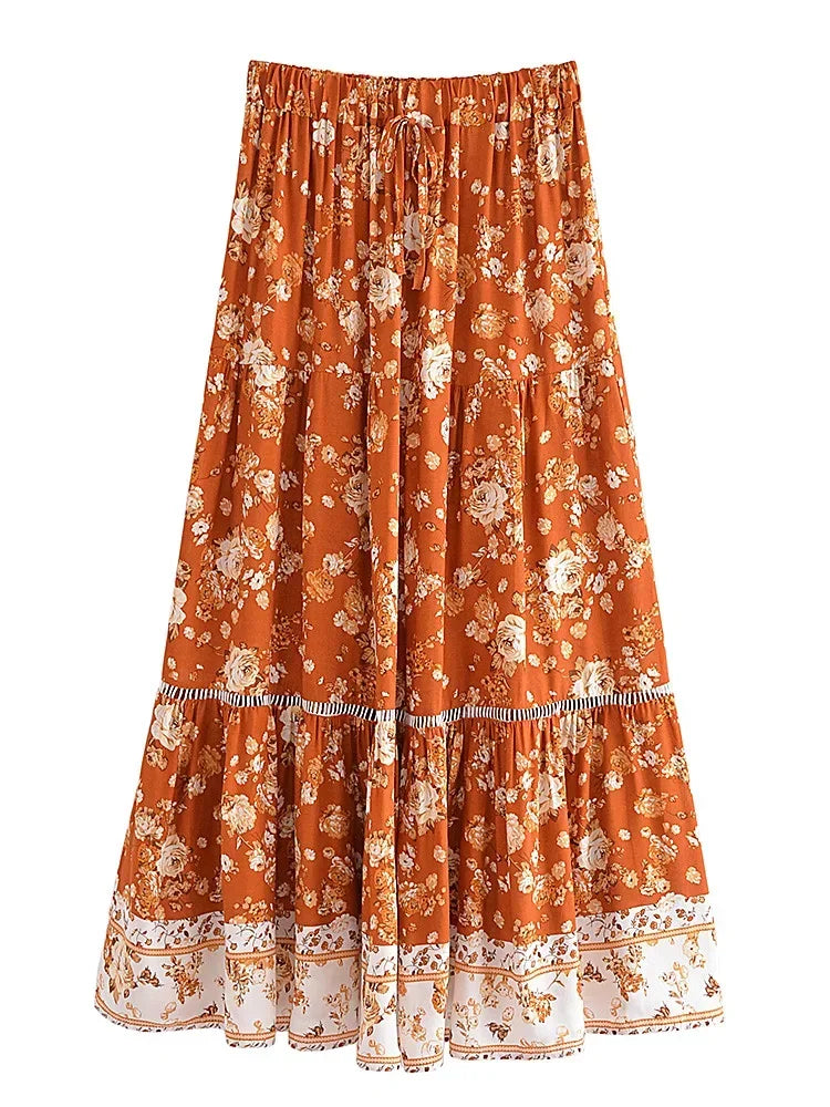 Happie Queens Women Floral Print Summer Elastic Waist Pleasted Boho Skirt Rayon Cotton Bohemian Beach A-line Maxi Skirts