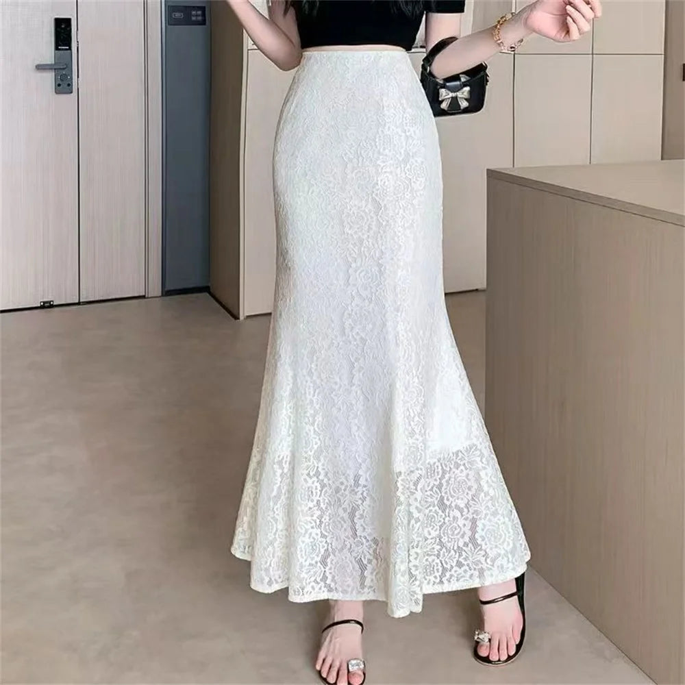 Lace Fishtail Women's Skirt 2025 Spring Summer New Female Mid-Length A-Line Pleated Package Hips Skirt Office Ladies One Step