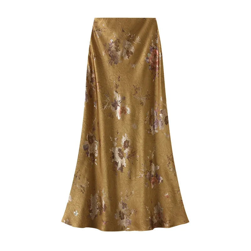 Women Elegant Gilded Printed Pleated Skirts Korean Fashion High Waist Overskirts for Women Vintage Fishtail Long Skirts Summer