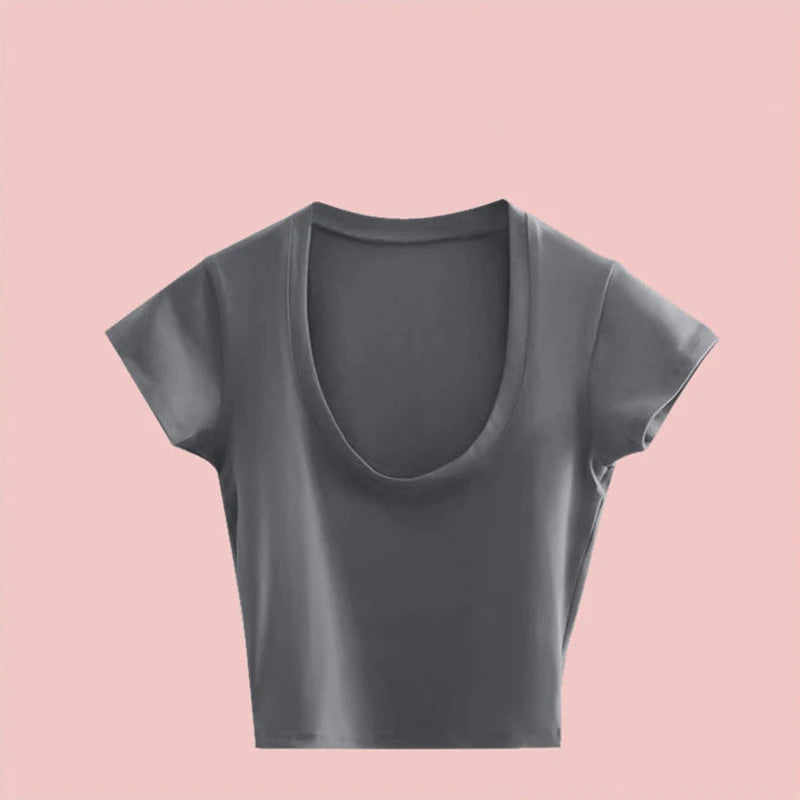 2024 Summer Slim T-Shirt Women Sexy Short Sleeve T Shirt U-Neck Gray Tee Female Solid Basic Black/White Korean Crop Tops Hot Y2k