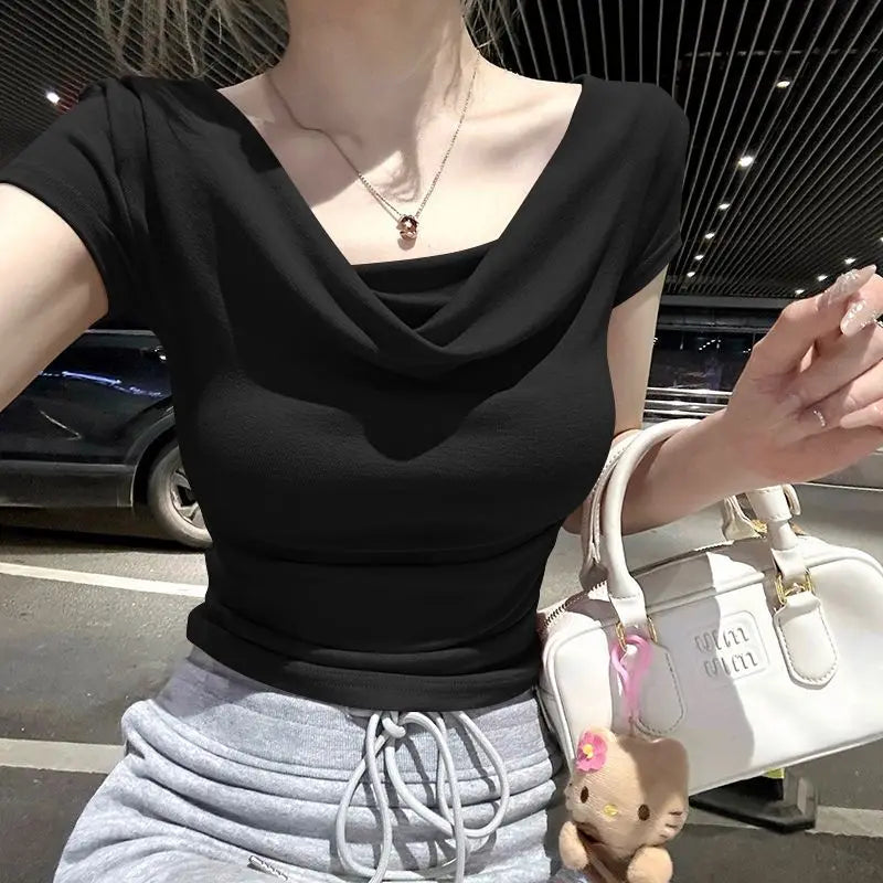 Summer Thread Solid Color Beach Fashion Versatile Women's Short Sleeved T-shirt Casual Lightweight Breathable Sexy Women's Top
