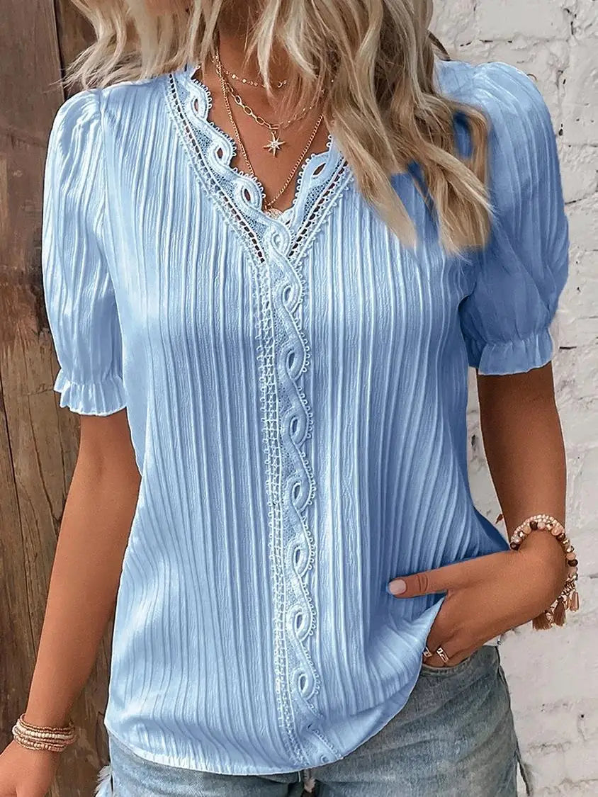 Elegant Women Blouse Shirt V Neck Lace Patchwork Short Sleeve Shirts For Women Summer Lady Tops White