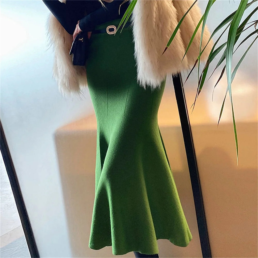 Women Knitted Skirt Autumn Winter Mid-length Skirt For Women White Skirt Ruffled Fishtail Package Hips Skirt Umbrella Long Skirt